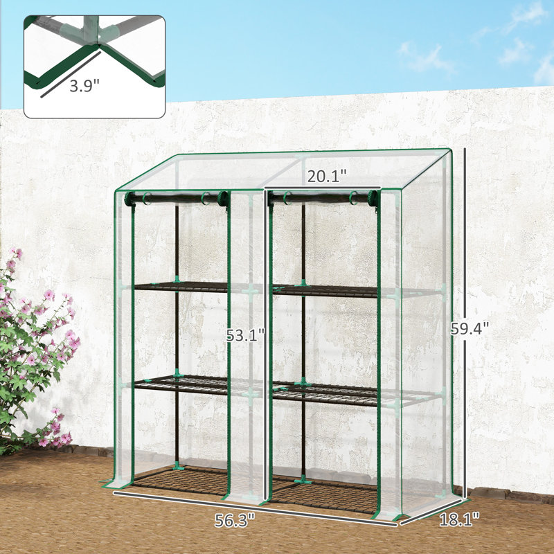 Lean-To Greenhouse, Portable Greenhouse With 3 Tier Shelves, 2 Roll-Up Zippered Doors, 56.3" X 18.1" X 59.4", Clear, Clear