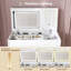 Bureau de meuble-lavabo rabattable avec miroir à DEL et prise de courant intégrée - coiffeuse de maquillage avec 2 tiroirs, rangement ouvert