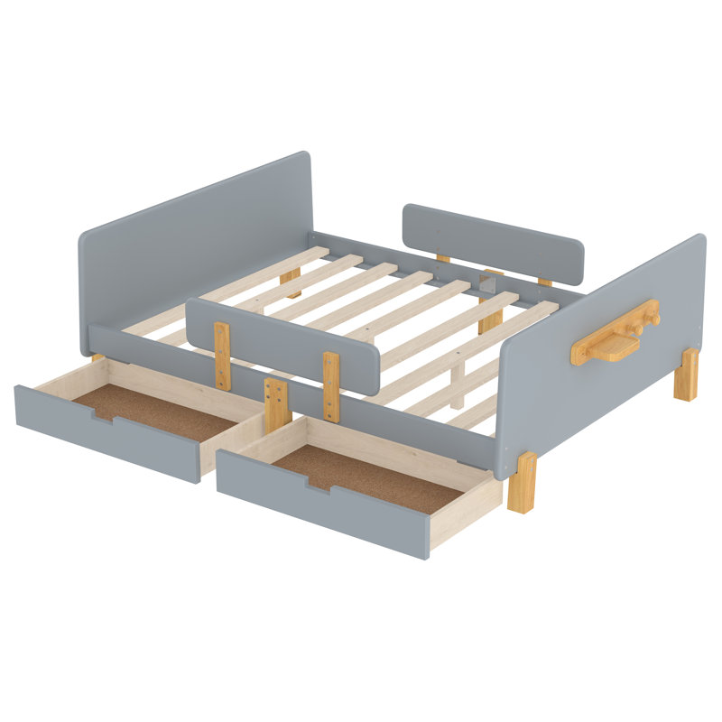 Lit plateforme avec tiroirs de rangement, structure de lit en bois massif avec garde-corps, Lit double, Gris