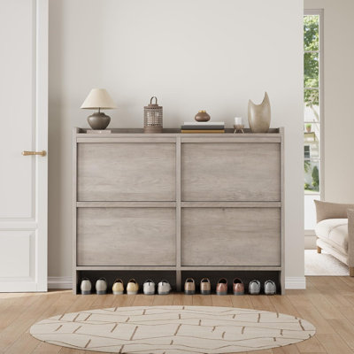 Armoire à chaussures autoportante en bois avec 4 tiroirs rabattables, armoire de rangement étroite avec tablette réglable, rangement moderne pour entrée, couloir et salon, gris