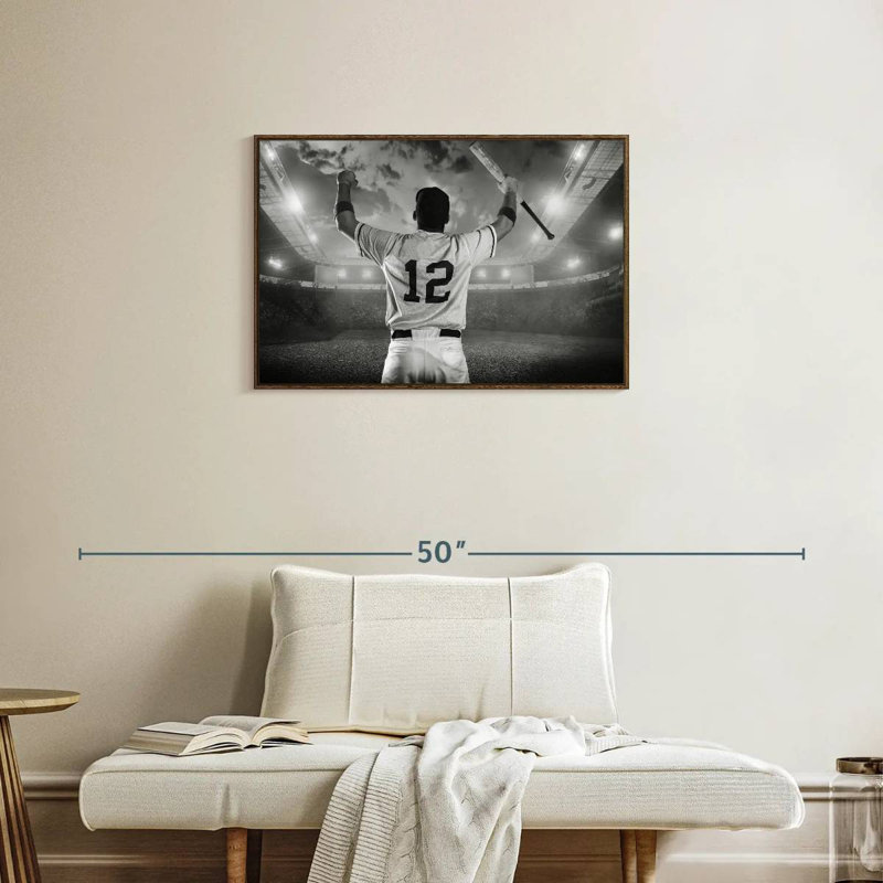 Joueur de baseball, 31 po x 21 po, Cadre flottant noyer