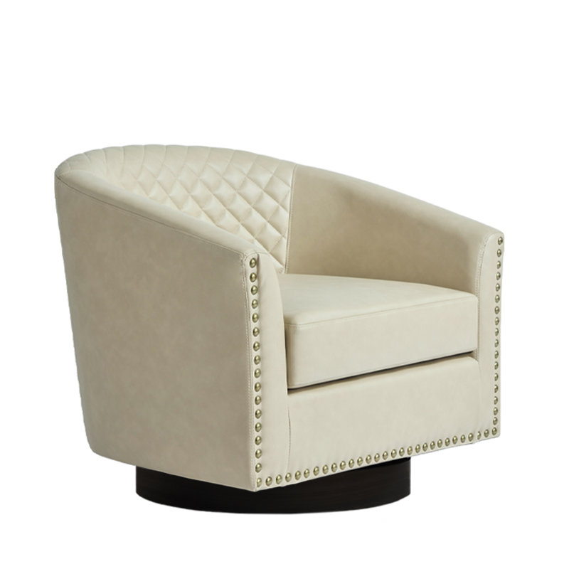 75.2Cm Wide Tufted Swivel Barrel Chair, Beige Faux Leather