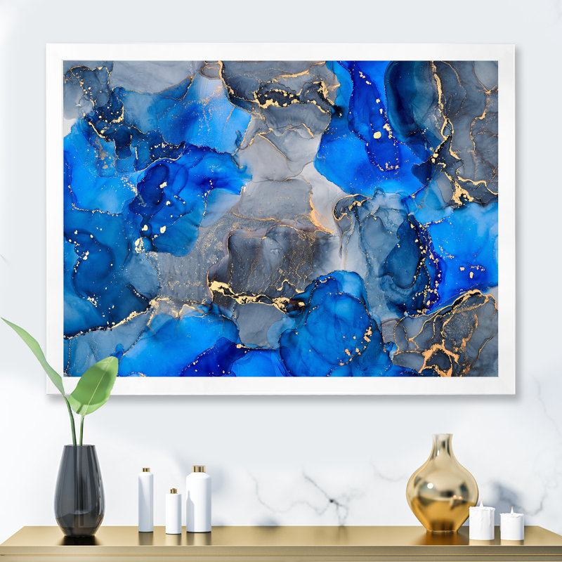 Bleu et gris luxueux abstrait fluide V - peinture sur toile, Cadre photo blanc, H 24 po x l 32 po x P 1 po