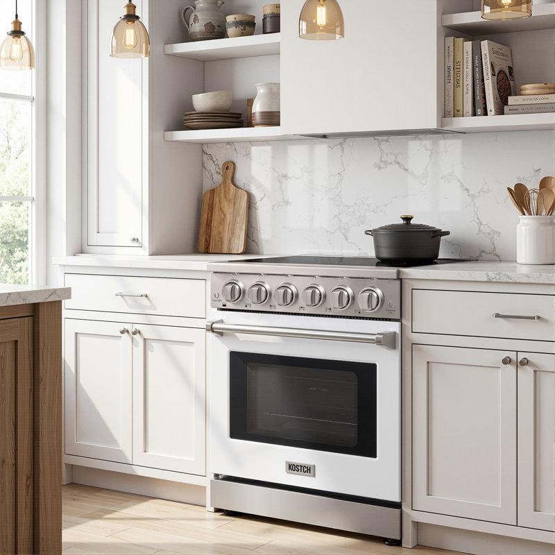 KOSTCH 30 inch Professional Electric Range with 5 Heating Elements Cooktop, 4.55 Cu. Ft. Convection Oven Capacity, Smooth Glass Top Oven, White