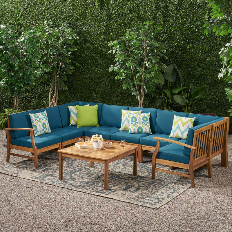 Ensemble de conversation de patio pour 6 personnes avec coussins Alyssa Acacia, bleu