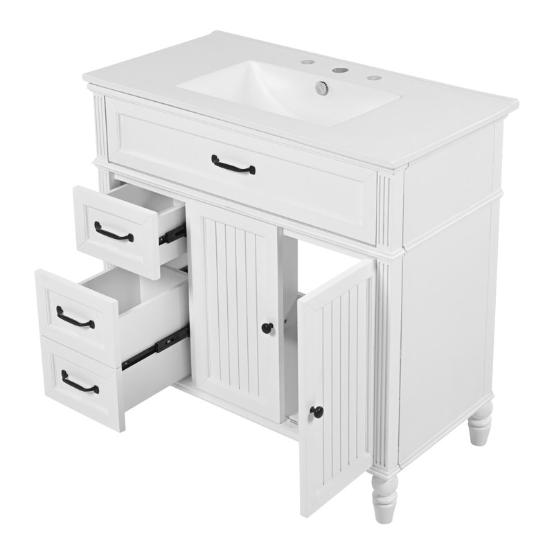 36" Single Bathroom Vanity With Ceramic Top, White, Black