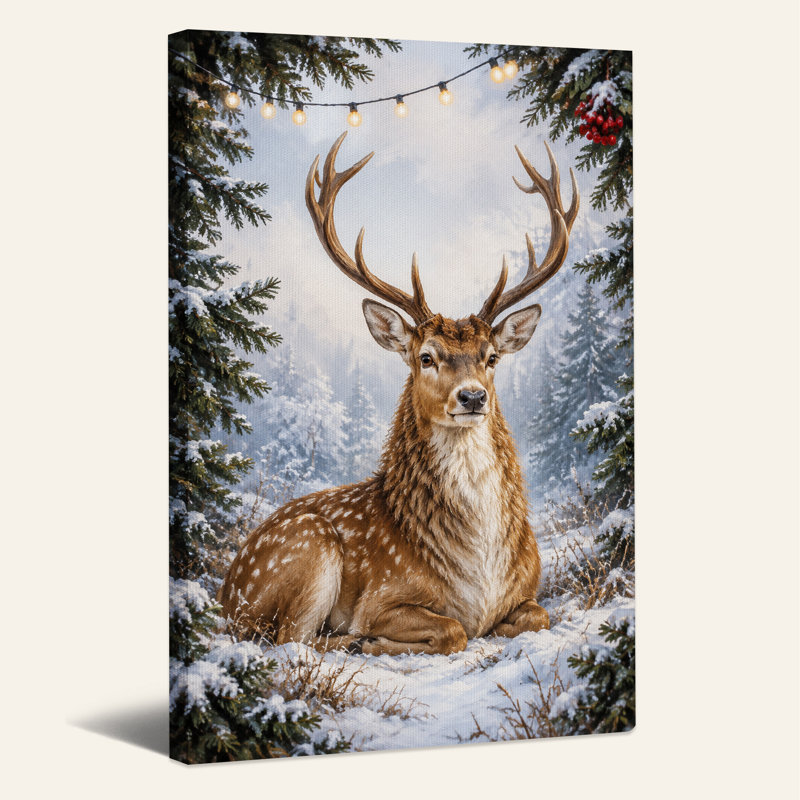 " Spotted Stag Resting In Snowy Forest With String Christmas ", 18"H x 12"W