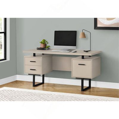 Bureau d'ordinateur, bureau personnel, ordinateur portable, installation à gauche, à droite, tiroirs de rangement, L 60 po, bureau, stratifié beige, métal noir, contemporain, moderne