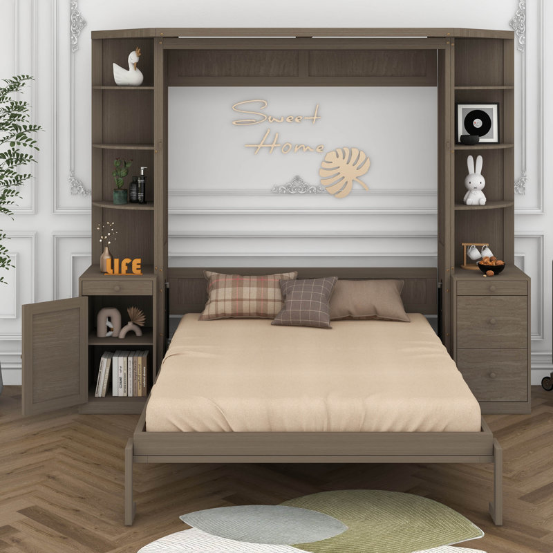 Grand lit escamotable avec bureau, tablettes et armoires ouvertes, lit escamotable pliable en bois avec poste de travail et tiroirs