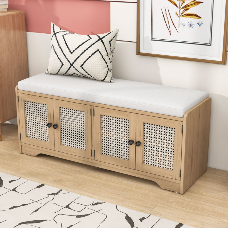 Banc de rangement avec coussin, tablettes réglables et portes en rotin tissé, Brun