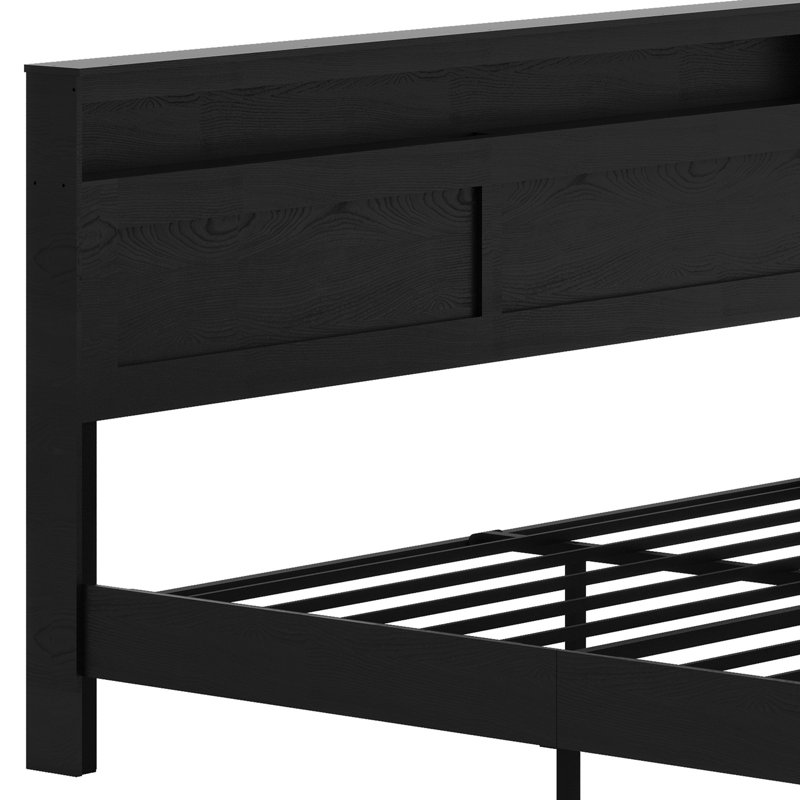 Wood Platform Bed Frame With Storage LED Light Headboard And 2 USB，Large Under Bed Storage, Dark Black