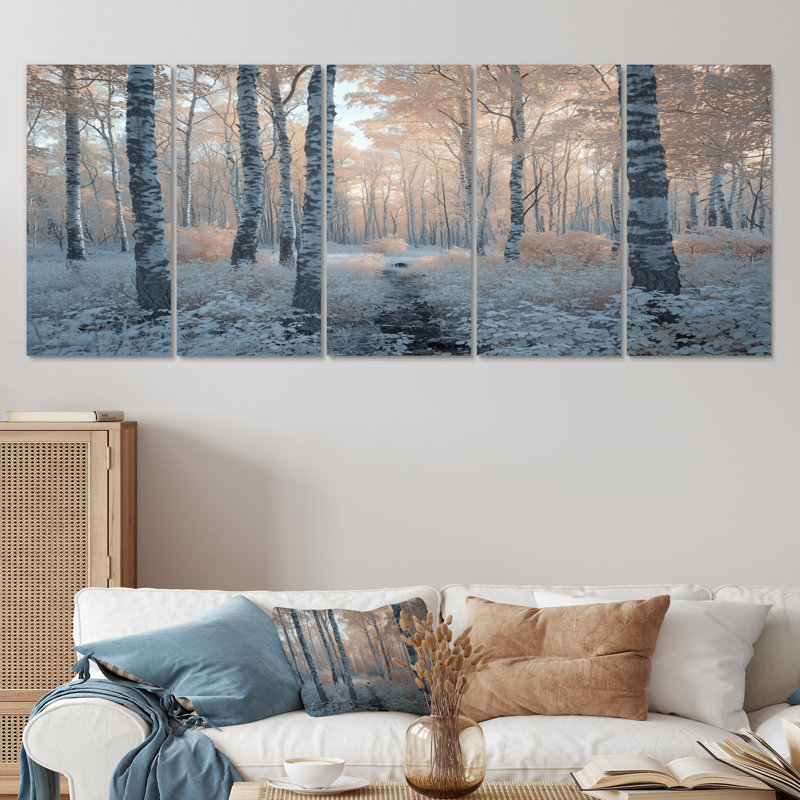 Hiver, forêt de bouleaux, photo II - ensemble de salon d'art mural paysage d'hiver, H 32 po x l 80 po