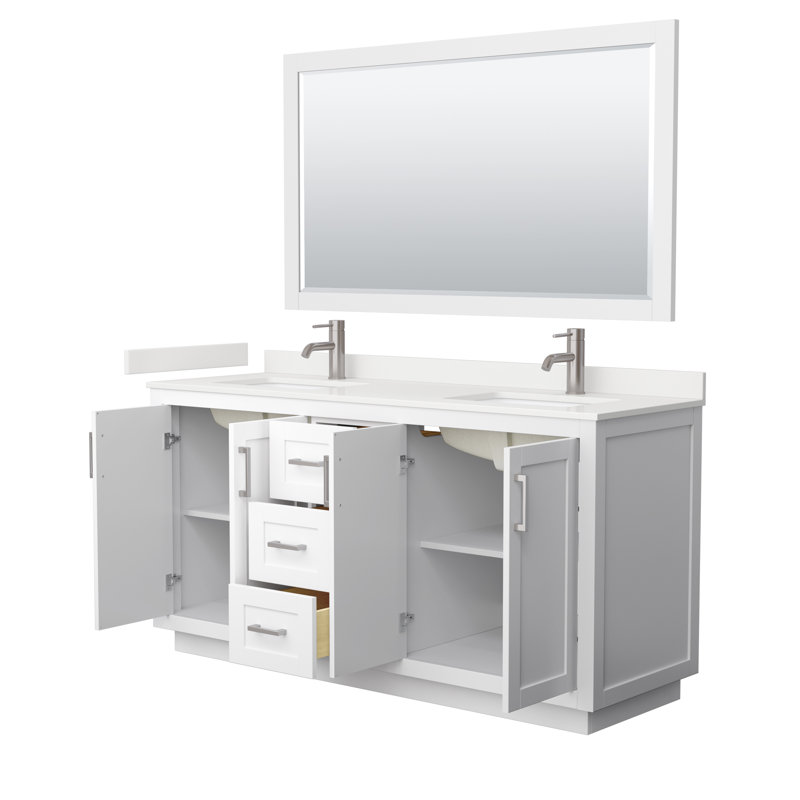 Ensemble de meuble-lavabo double autoportant 66 po avec plateau en quartz Miranda, Quartz blanc, Blanc, Nickel brossé