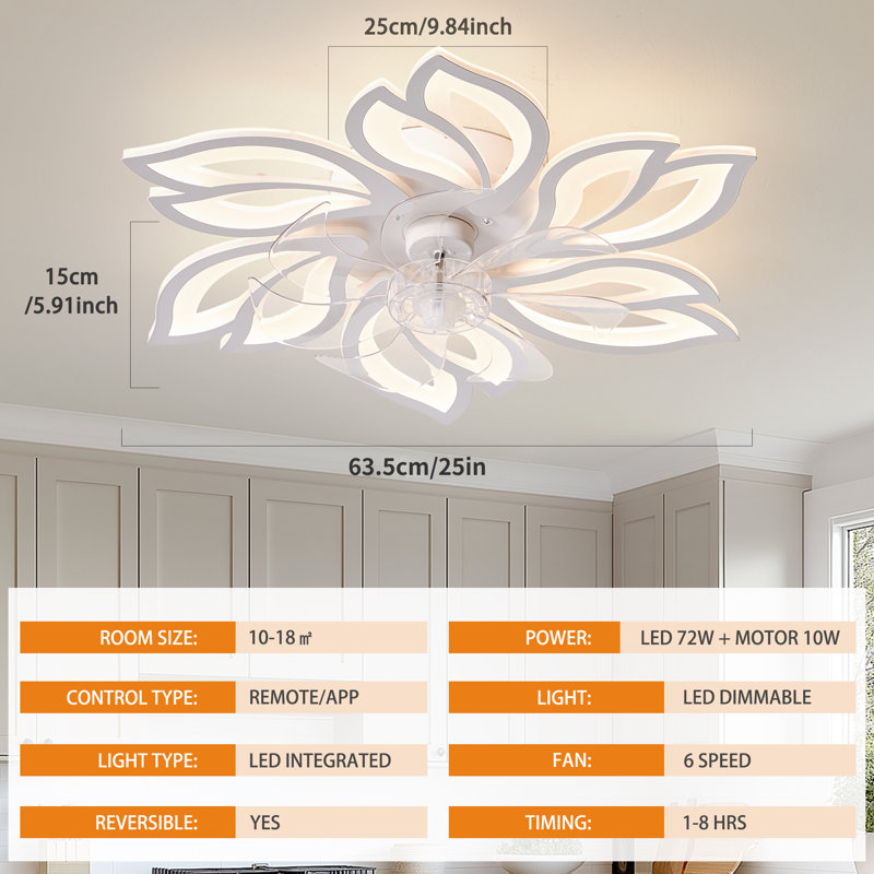 25" 7 - Blade Reversible Dimmable LED Flush Mount Ceiling Fan With Remote Control And App, White