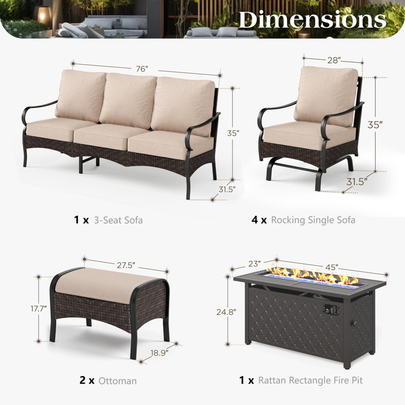 Ensemble de conversation pour l'extérieur 9 personnes avec table de foyer et chaises berçantes