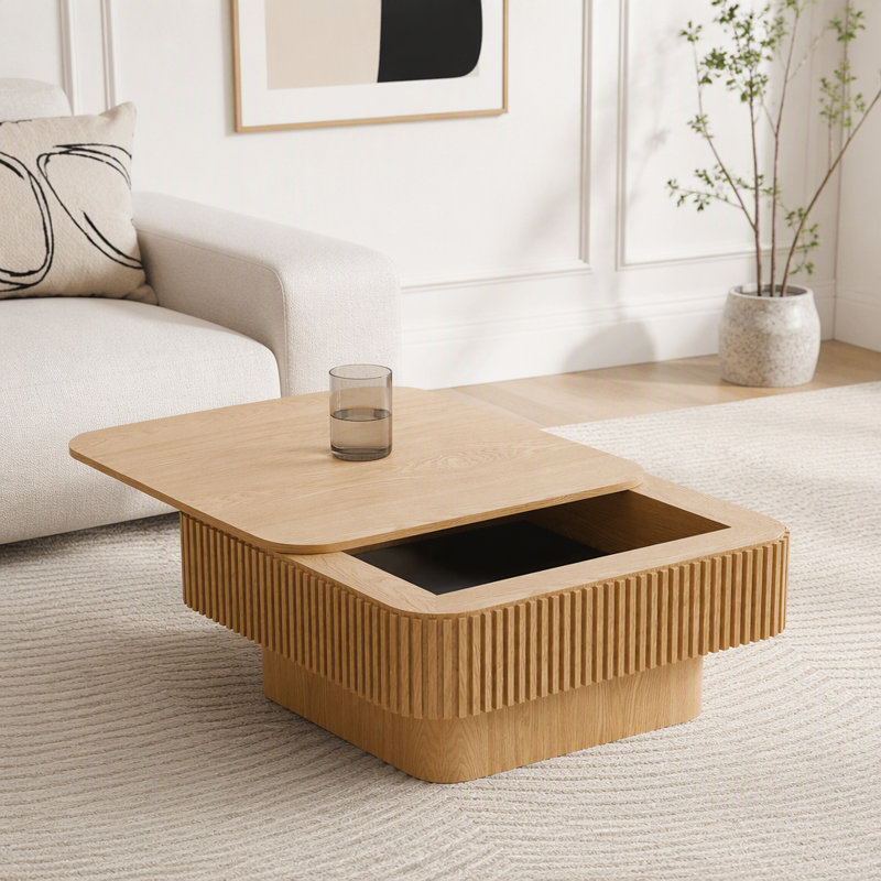Table basse carrée avec rangement secret, 46.2 lbs, Natural Wood