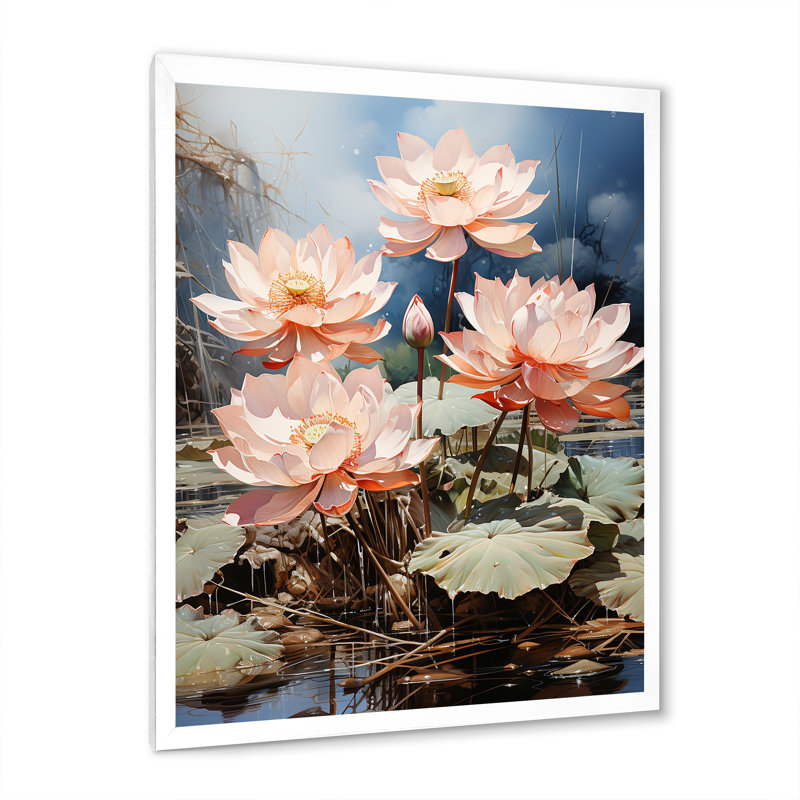 Lotus Dreams Amung The Lily Pads, Cadre simple blanc, H 32 po x l 24 po x P 1 po