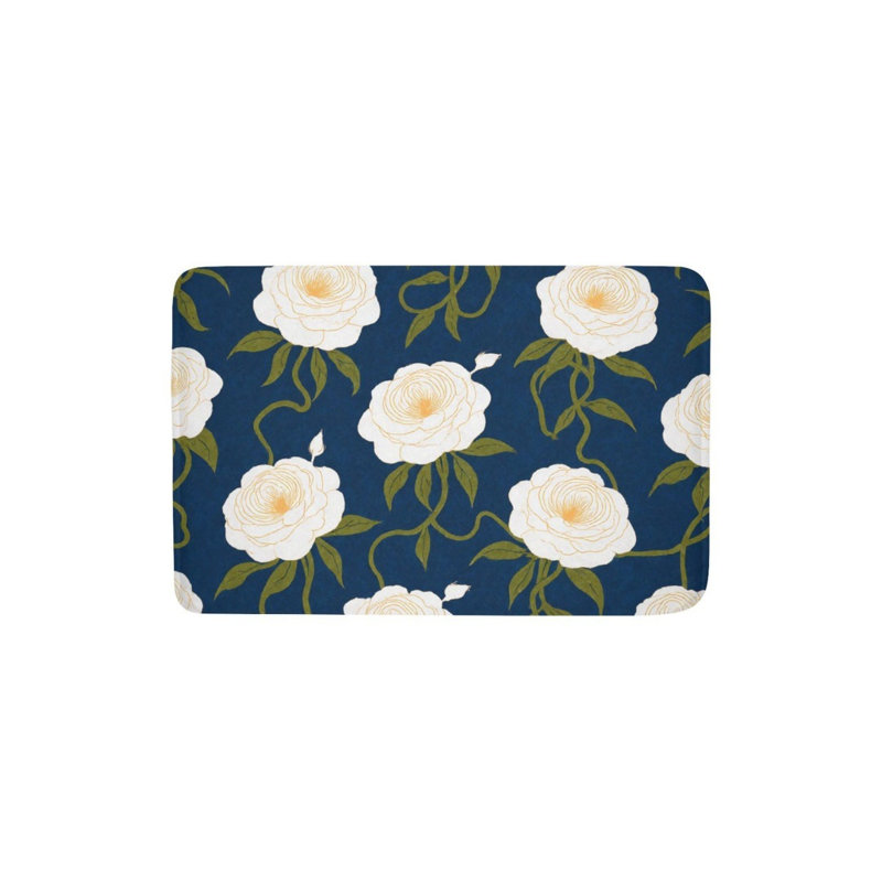 Tapis pour salle de bain blanc à motif de roses blanches, 16 x 24