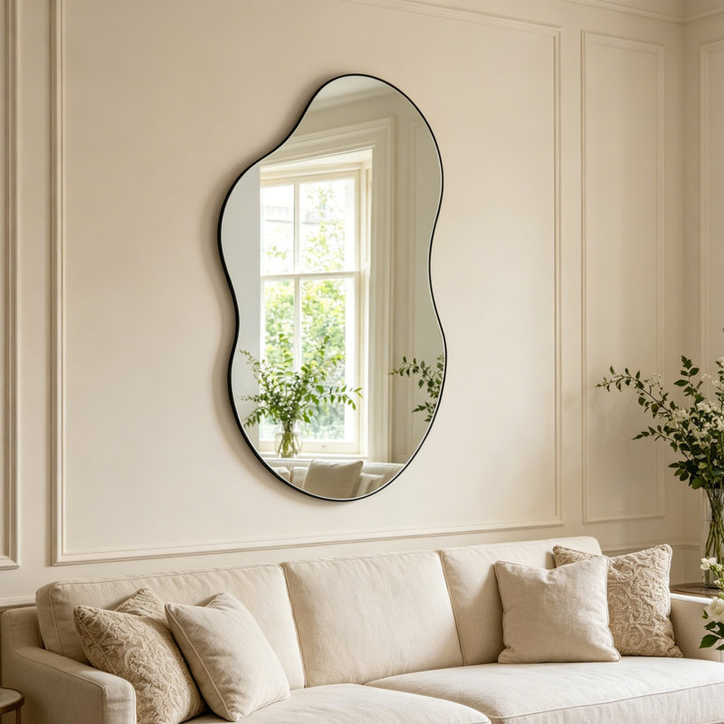 Asymmetrical Metal Wall Mirror, Black, 111cm H x 55cm W