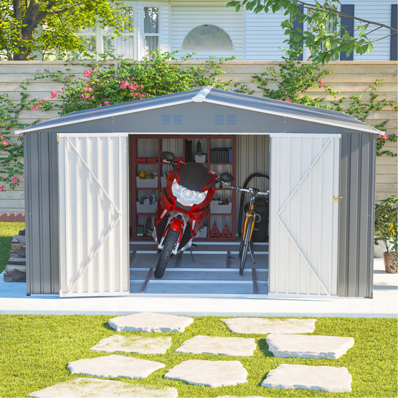 Remise de rangement extérieure en métal 12 x 14 pi, grande remise à outils de jardin avec portes doubles verrouillables, bâtiment de cour imperméable, patio, gris clair