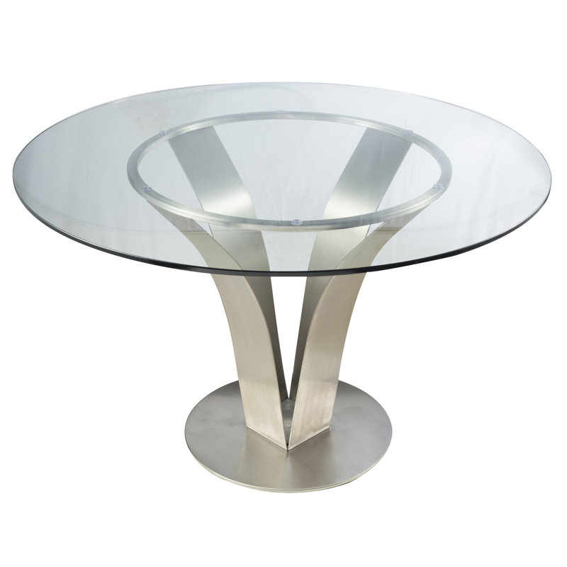Table de salle à manger de 48 po de large Cantu en acier inoxydable avec verre