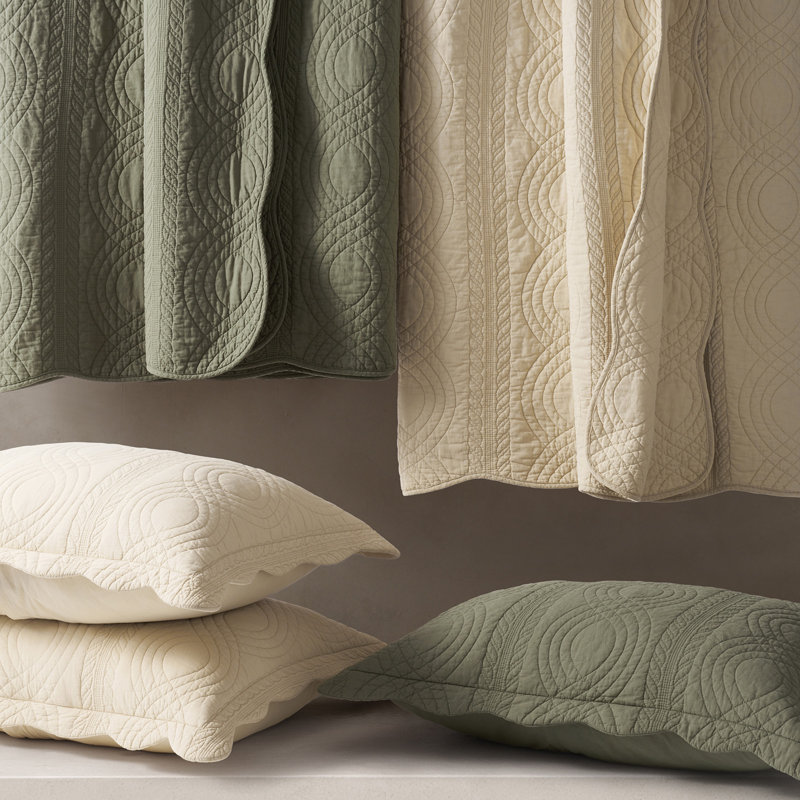 Scallop Edge 100% Cotton Quilt Set, Queen Quilt + 2 Queen Shams, Olive Green