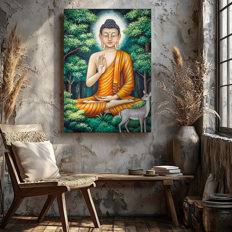 Toile, représentation sereine d'un bouddha assis drapé dans un art mural, H 12 po x l 9 po