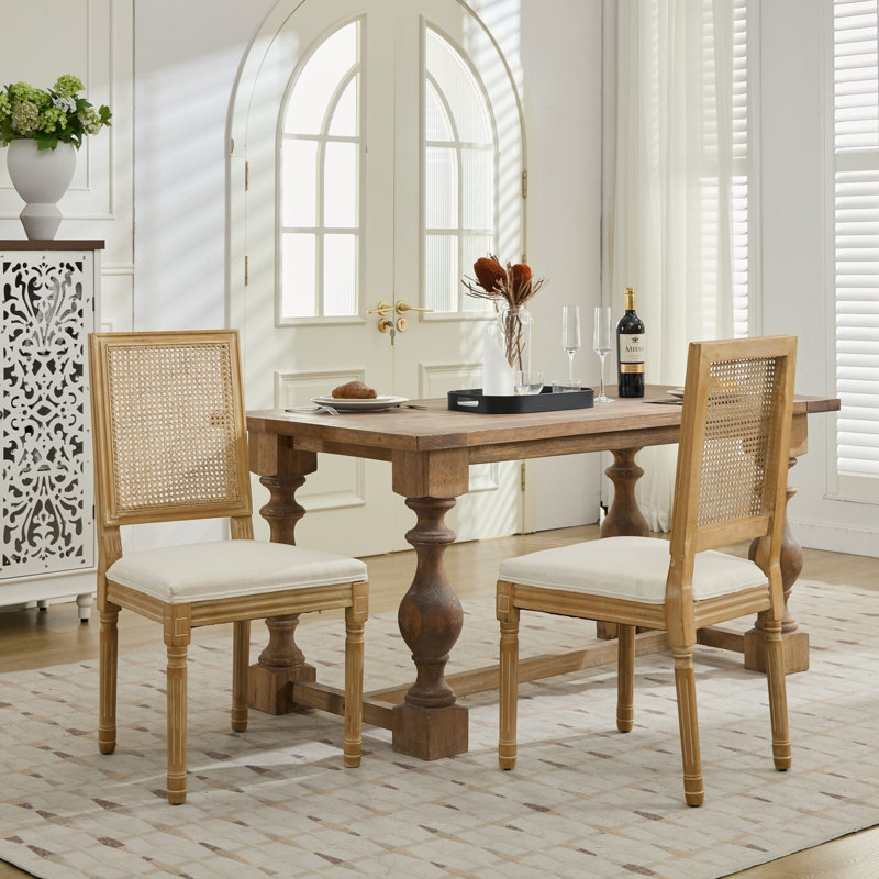 Ensemble 2 pièces de chaises carrées à dossier en rotin, chaises d'appoint en bois de ferme avec siège rembourré, Beige