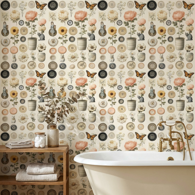 Papier peint floral rétro avec motif de papillons éclectiques, Texturé non collé