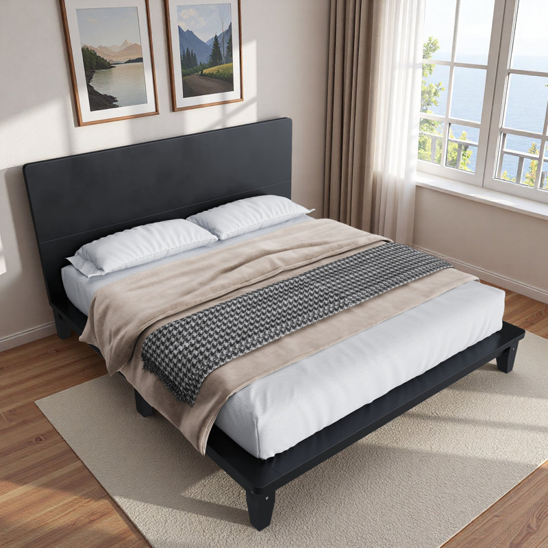 Lit plateforme avec support en lattes de bois et pieds robustes, Noir, Lit double