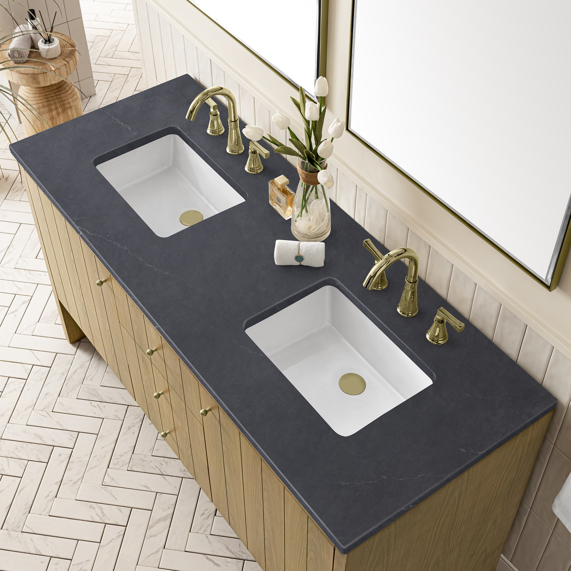 Hudson 60'' Double Bathroom Vanity, Charcoal Soapstone, 8" Widespread, Light Natural Oak