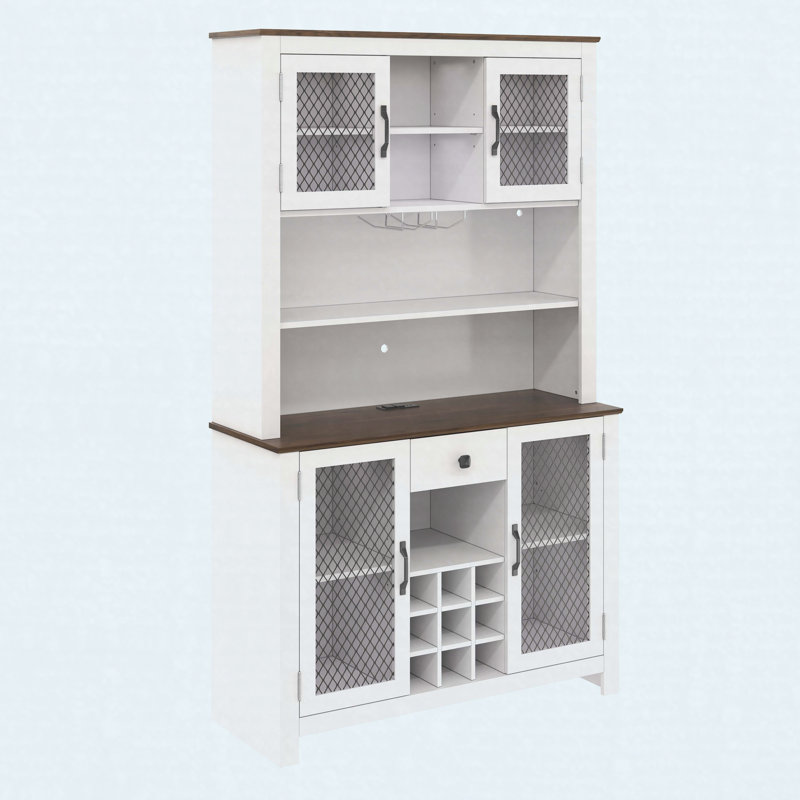 70,9 po Armoire de rangement pour garde-manger rustique, huche de cuisine avec prises à DEL et armoire à vin avec portes et tablettes