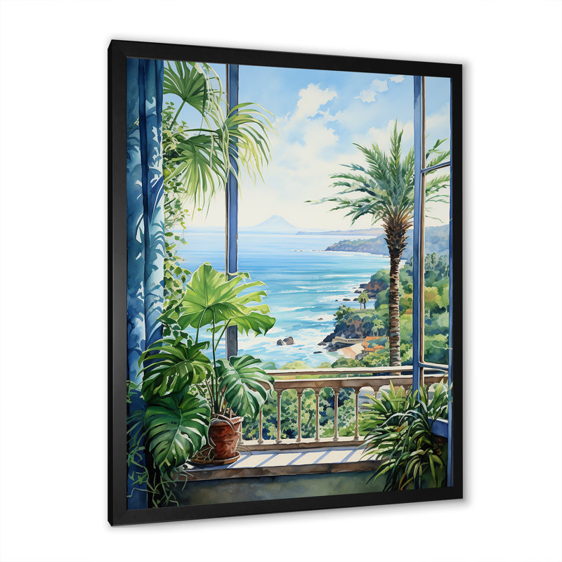«Tropical Windows To The Beach II - Coastal Windows», art mural, Cadre simple noir, H 32 po x l 24 po x P 1 po