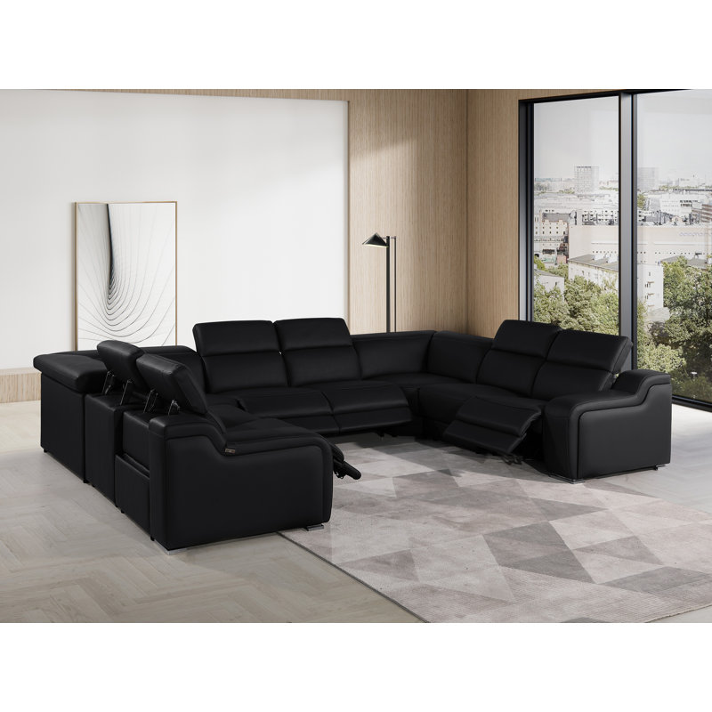 Stanwin 8 - Piece Top Grain Italian Leather Power Reclining Corner Sectional, Black Genuine Leather