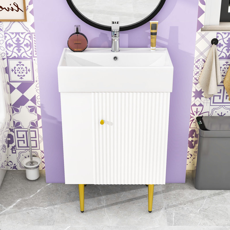 Meuble-lavabo de salle de bain avec meuble de rangement et lavabo en céramique, Blanc