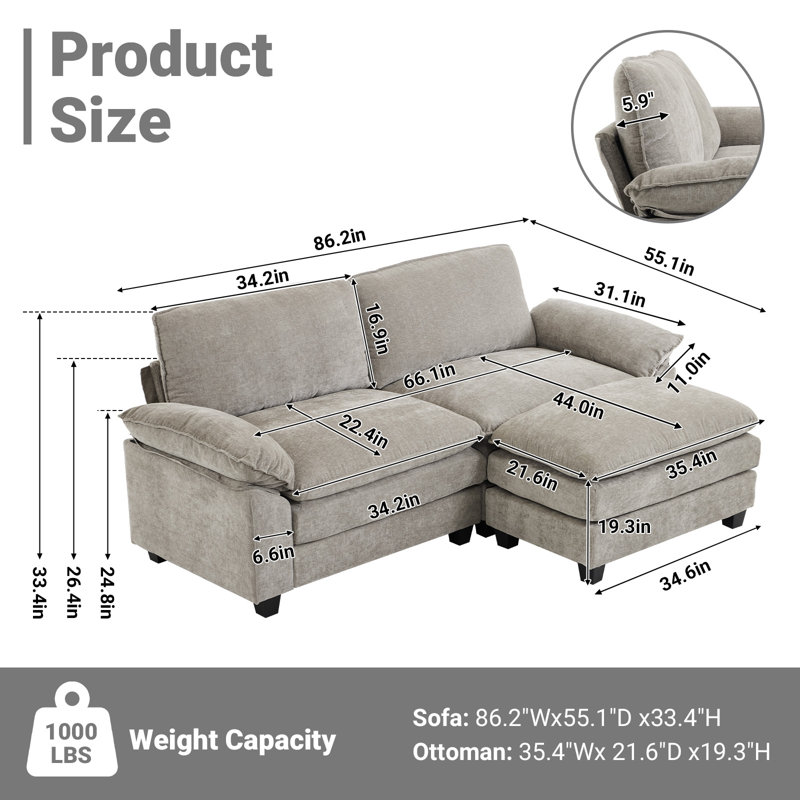 Shugar 83.2'' W Double-Layer Cushion Comfy Cloud Loveseats With One Ottoman, Gray Chenille