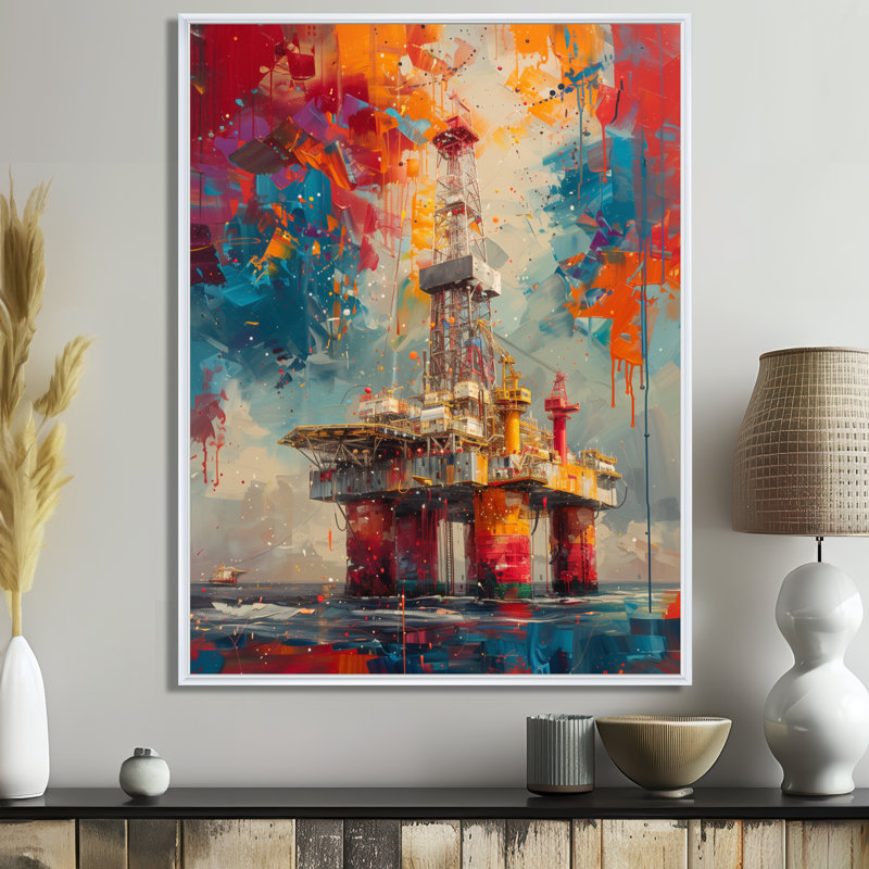 Rouge rouge vert plate-forme de pétrole Roughneck Rodeo, Toile avec cadre flottant brun, H 12 po x l 20 po x P 1 po