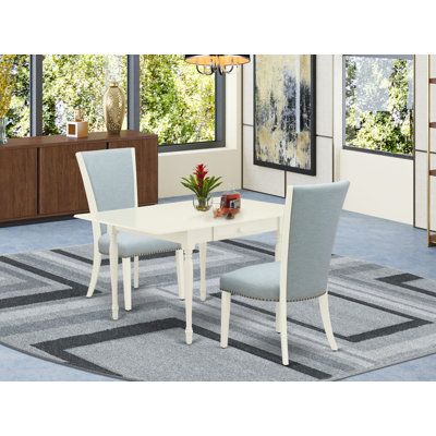 3 Piece Dining Room Table Set Contains a Rectangle Kitchen Table with Dropleaf and 2 Baby Blue Linen Fabric Parson Dining Chairs, Linen White
