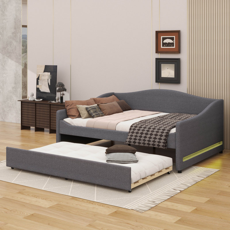 Lit de jour Teddy avec éclairage intégré et tablettes coulissantes, Gris, Double