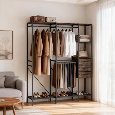 Heavy Duty Large Industrial Metal Freestanding Garment Rack Clothes Organizer Stand Open Wardrobe Closet with 3 Fabric Drawers Shelves
