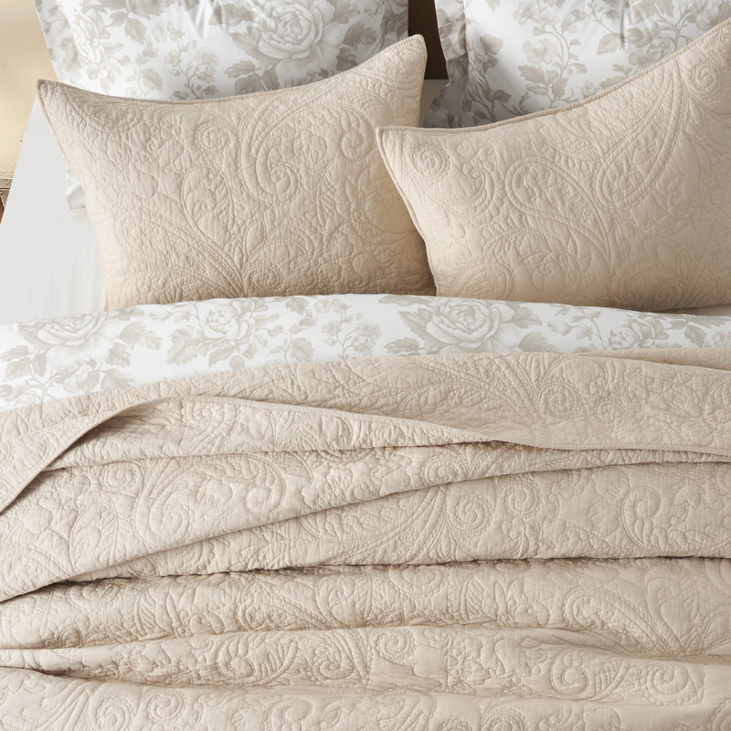 Paisley 100% Cotton Quilt Set 3 Pieces, Queen Quilt + 2 Standard Shams, Flax Beige