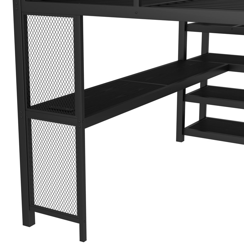 Grand lit mezzanine avec bureau et escalier de rangement, lits mezzanine en métal avec lumières DEL, ports USB, Grand lit