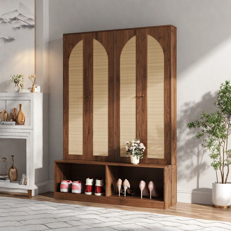 Farmhouse Widen Hall Tree With 4 Rattan Doors, Seating Bench, 6 Hooks And Shoe Cabinet, Walnut