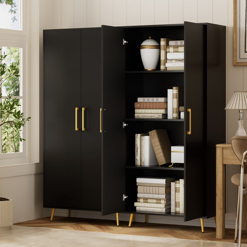 Loxie Industrial 31.5"W 4-Tier Storage Cabinet with Doors & Adjustable Shelves - Metal Handles & Legs, Anti-Tip Design, for Office, Garage, Living Room & Utility Room