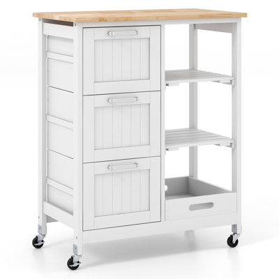 Rubber Wood Counter Top Kitchen Island Storage Cart with 3 Large Drawers by Dovecove