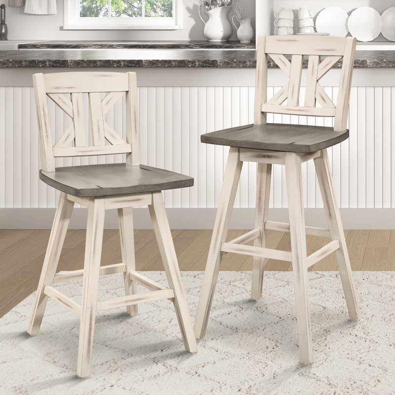De 2 chaises de pub pivotantes à 360 degrés, en bois d'hévéa massif, gris et blanc, divisées, rustiques, 2 chaises de salle à manger 2 tons, pivotant sur 360 °, caractéristique patinée