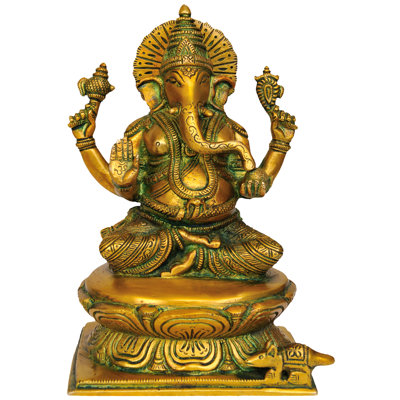Handmade Brass Ganesha Idol Seated on Lotus – 8 Inch Hindu Deity Statue, Padmasana Posture, Indian Art, Polished Brass for Altar, Home, Gift