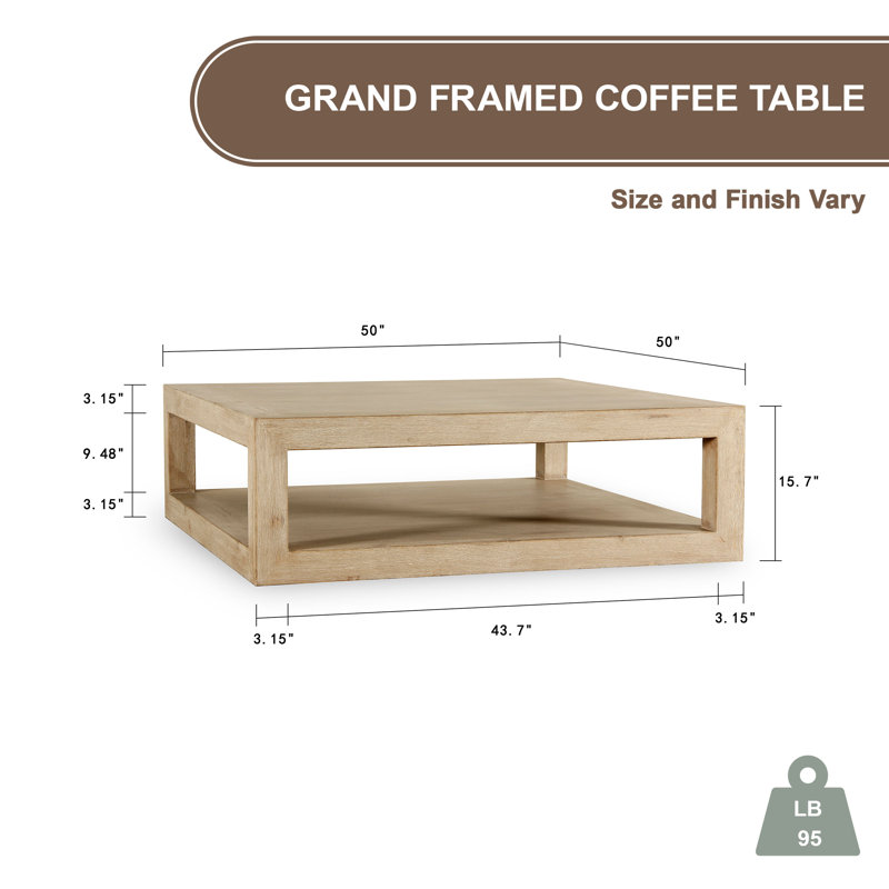 Peking Ming  Square Coffee Table with Weathered Whitewash, 15" x 50" x 50"