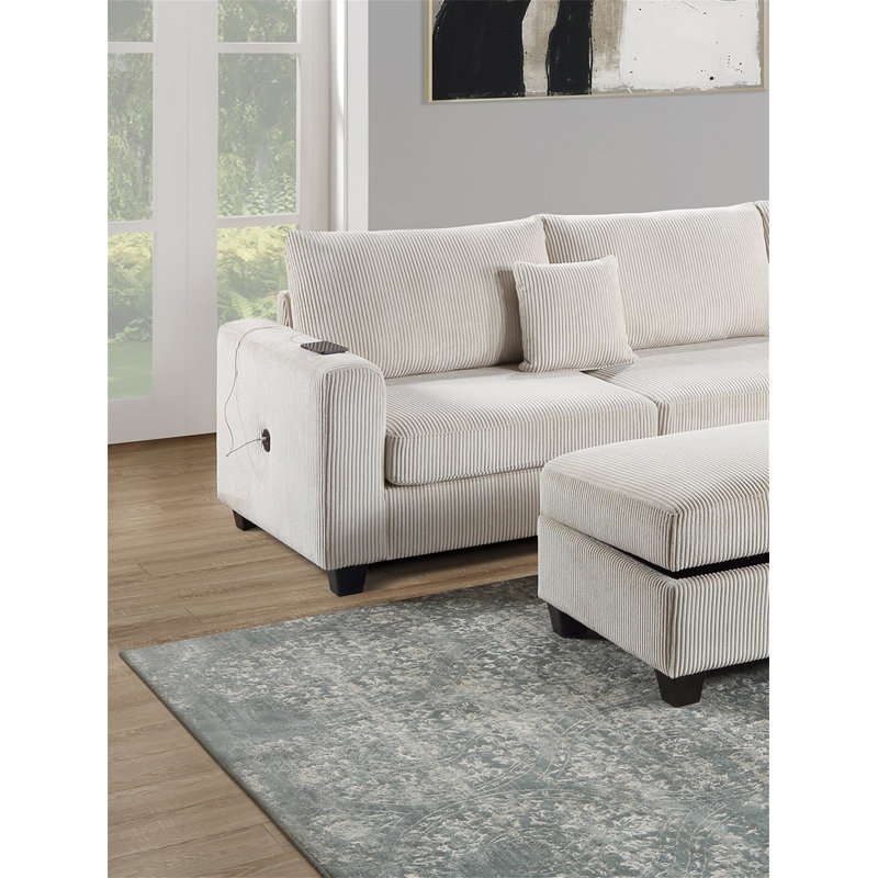 Ivory Color 3Pc Sectional Set Corduroy Upholstered LAF Sofa RAF Chaise Ottoman L-Sectional Living Room Furniture