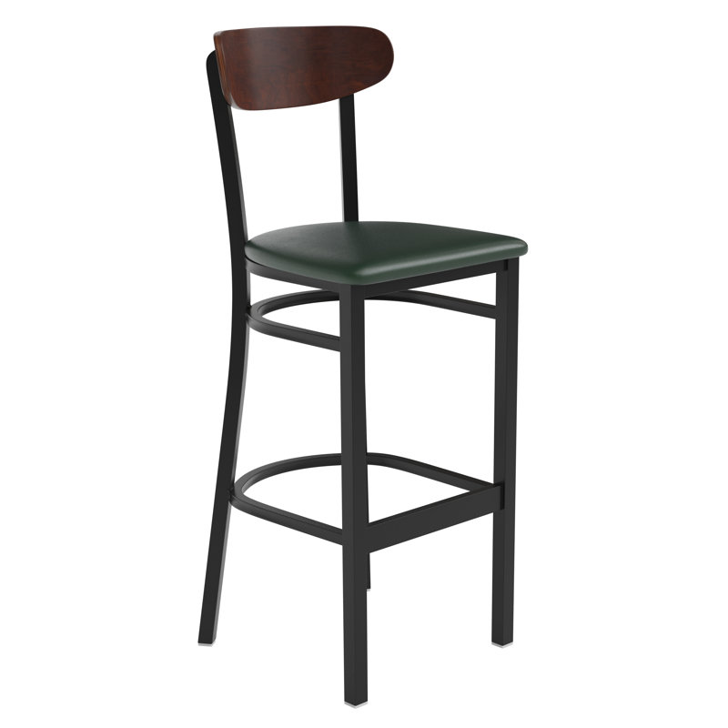 Commercial Metal Barstool with Wood Seat and Boomerang Back, Walnut, Green